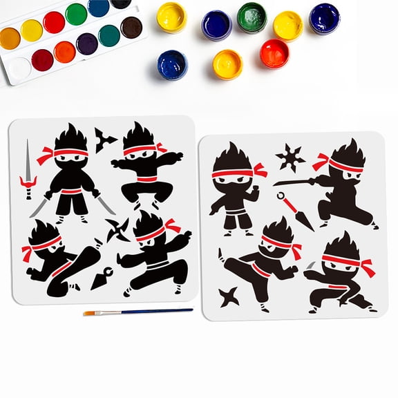 1 Set PET Hollow Out Drawing Painting Stencils with 1Pc Art Paint Brushes for DIY Scrapbook Photo Album Ninja 300x300mm 2pcs/set