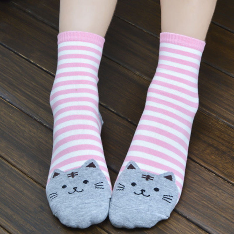 Hot Cute Cat Footprints Striped Soft Socks Women Girl Cartoon Cotton Socks Floor 