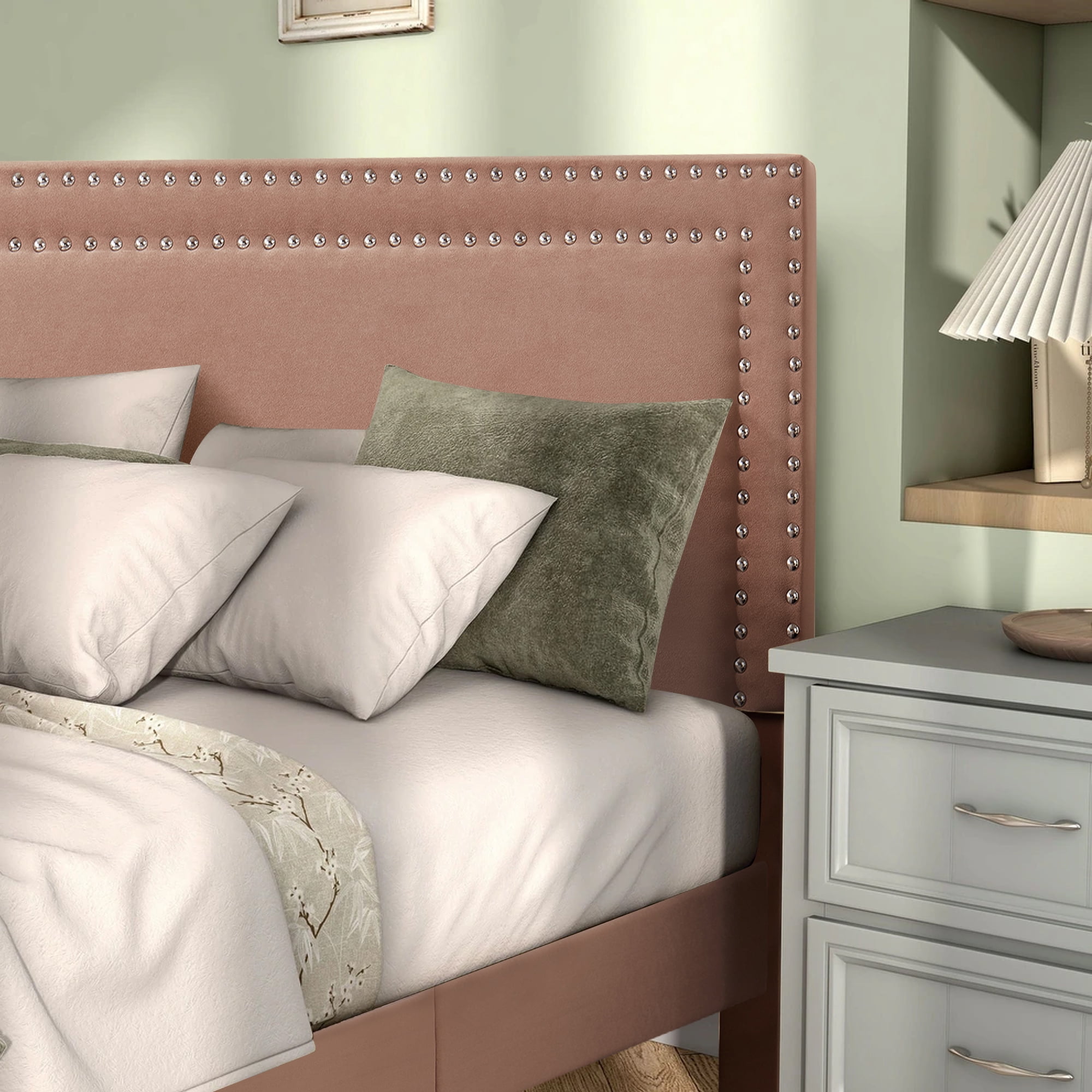 VECELO Full Size Platform Bed Frame, Modern Upholstered Bed Frame with Adjustable Height & Nailhead Trim Headboard, No Box Spring Needed, Easy Assembly, Coffee