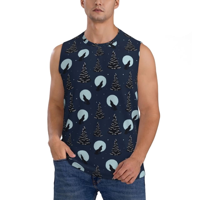 Balery Night Forest Wolf Camisetas sin mangas para hombre, absorbe la humedad y protege contra el mal olor.-XX-Large