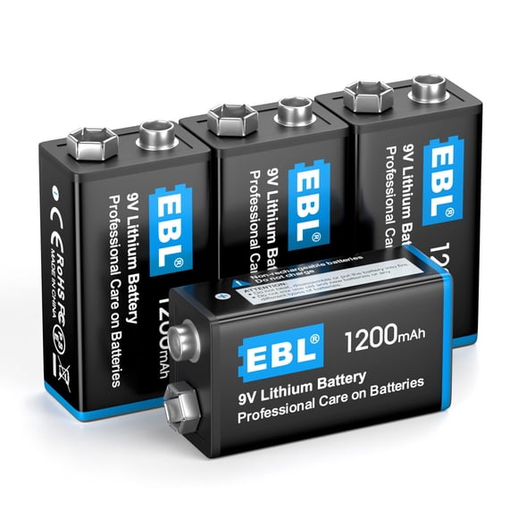 EBL Lot de 4 Piles Métalliques au Li-Ium 9V, Capacité de Performance 1200mAh, Longue Durée, Haute Puissance, Poids Léger, Non Rechargeables