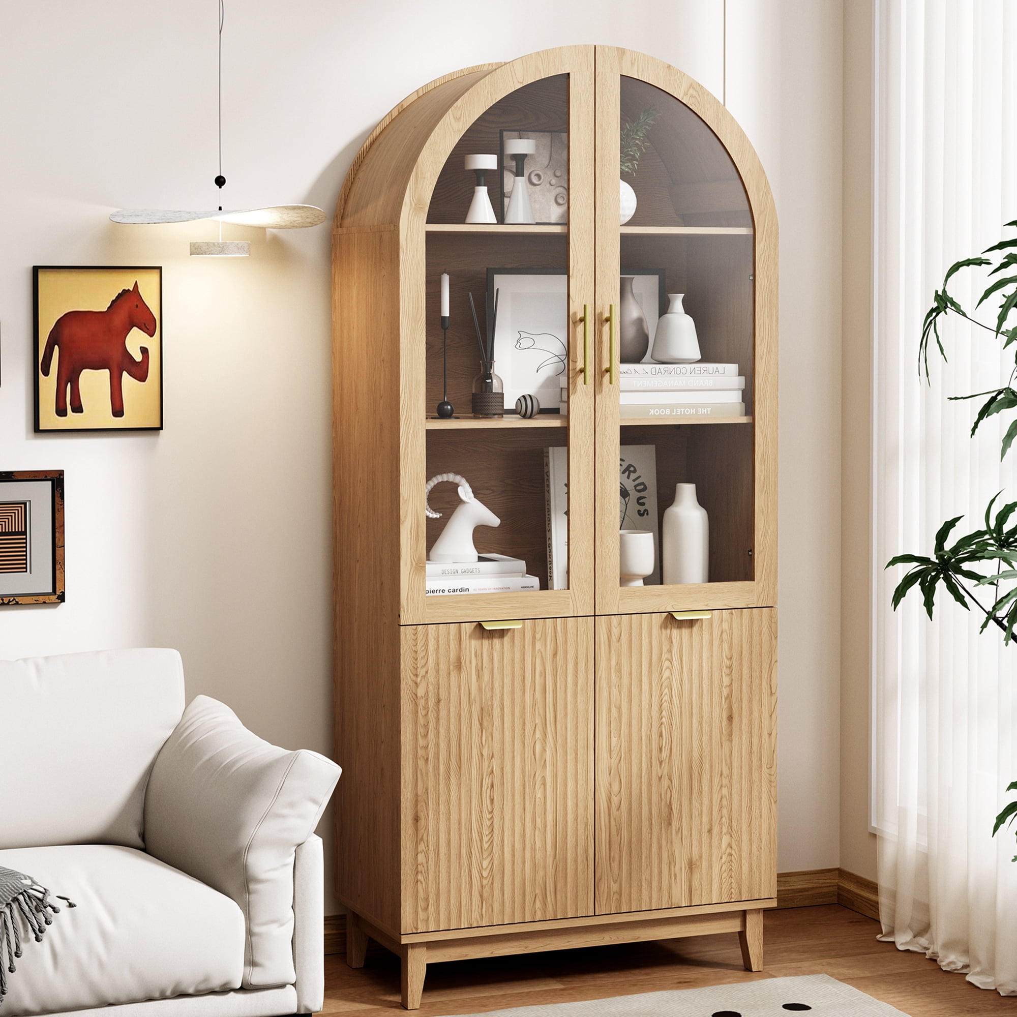 PamapicLife 71" Tall Arched Bookshelf, Farmhouse Display Cabinet with Adjustable Shelves & Glass Door