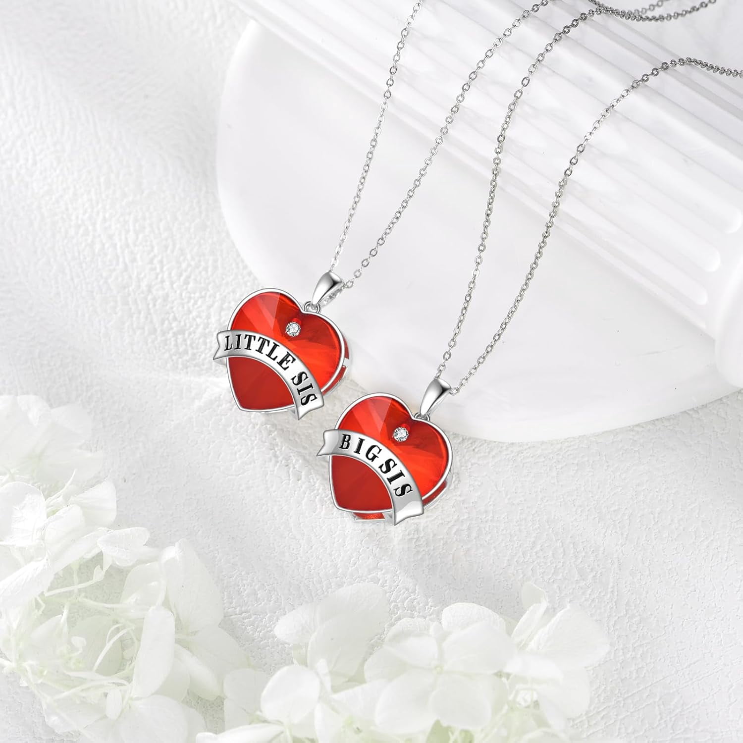 YAFEINI Big Sis Little Sis Necklace Sterling Silver Red Heart Big Sis Little Sis Pendant Necklace Big Sister Little Sister Jewelry Matching Birthday Gifts for Women