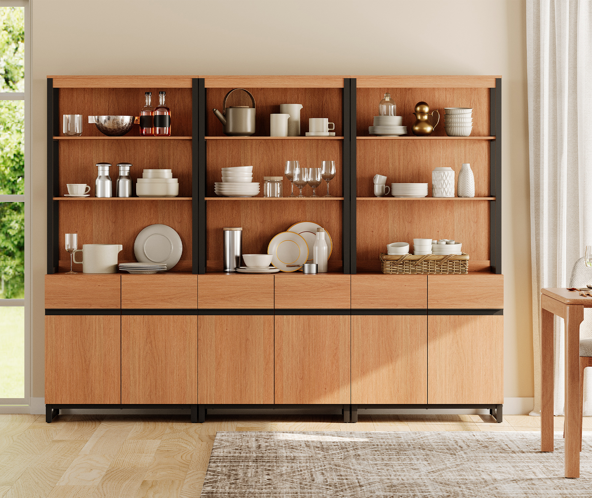 WAMPAT 3 PCS Modern 72" Tall Bookcases with Metal Base and Adjustable Shelves, Library Book Shelf with Storage Cabinet and Open Book Shelfs, Wood Bookshelves for Home Office, Living Room, Mocha