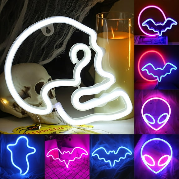 Rosnek LED Neon Sign Halloween Decoration, Bat Ghost Shape Neon Lights USB or Battery Operated Wall Decorative Lights for Home Bar Halloween Party