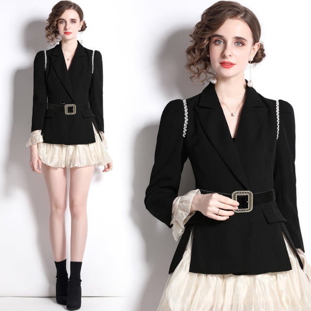 Ropa de mujer estilo tiro en stock nueva falda francesa traje de dos piezas traje negro cinturón de mujer