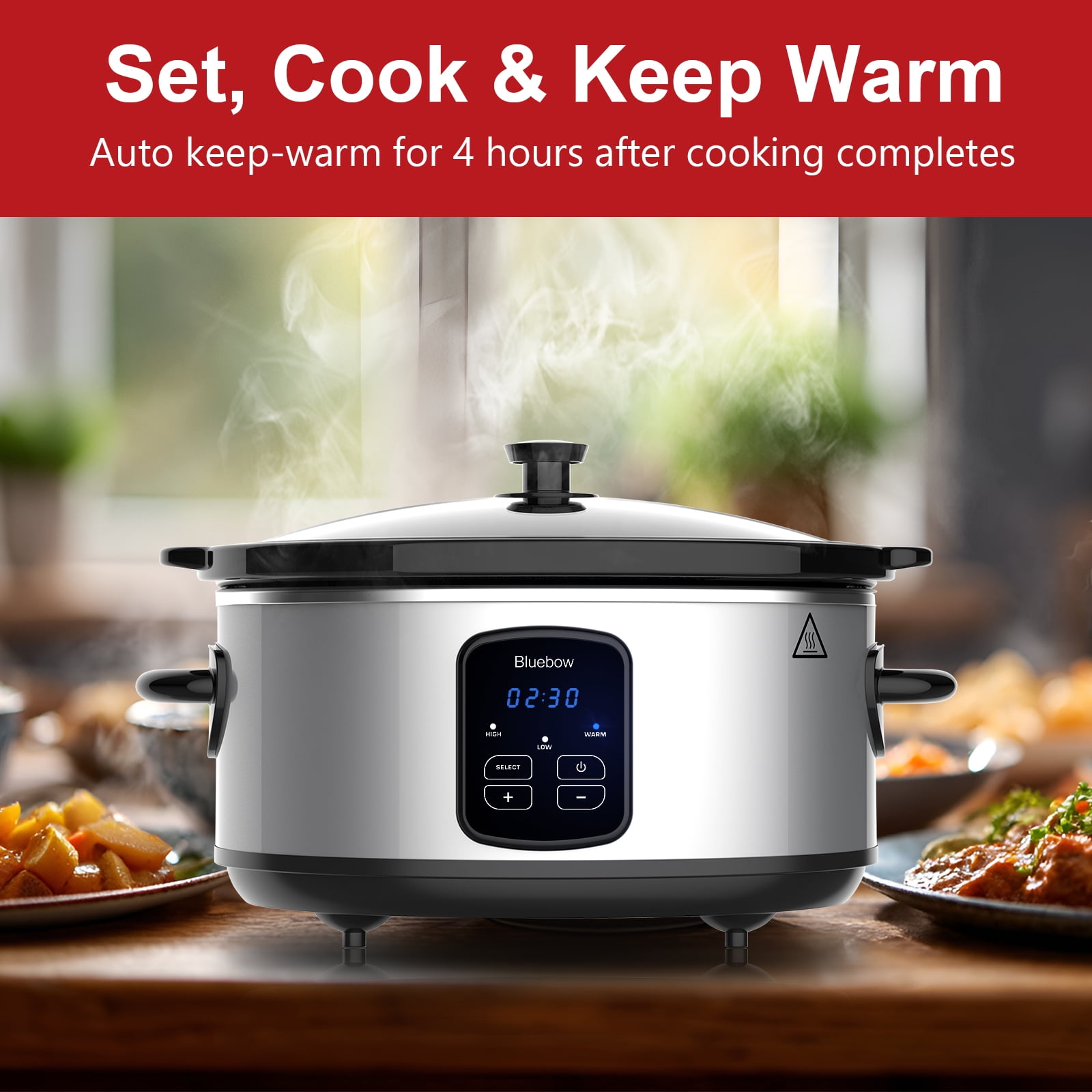 Bluebow 6QT Slow Cooker, Stoneware Crock with Removable Pot, 3 Heat Settings, Non-Stick & Auto Keep Warm, Stainless Steel