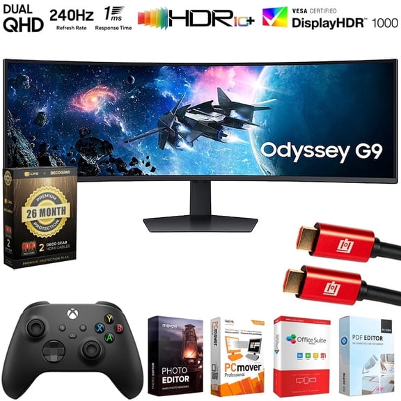 Samsung 49" Odyssey G9 G95C DQHD 240Hz Curved Gaming Monitor Bundle with Microsoft Wireless Controller, Elite Suite 18, 2x HDMI Cable and Deco Gear CPS 26 Month Protection Pack (BEACH-CPS- 26M1500)