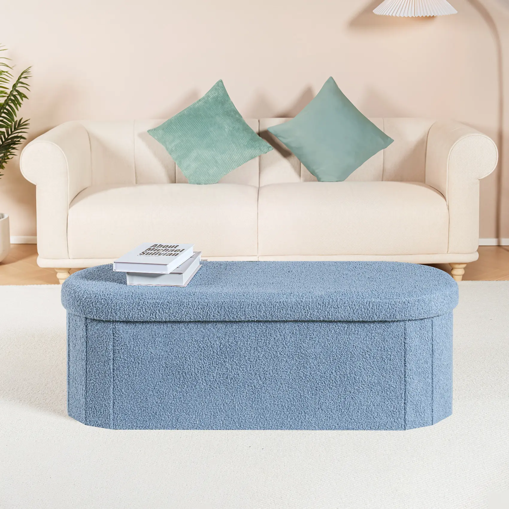 PINPLUS Storage Ottoman Bench Tufted Oval Ottoman Bench Foot Rest Velvet Bench with Storage 43" Blue