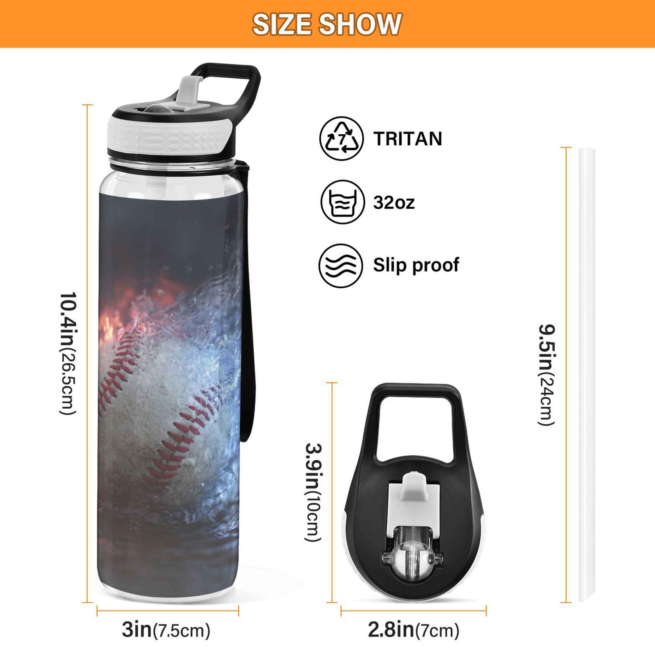 32oz Transparent Sports Water Bottle with Straw for Kids Adults Outdoor School Gym Fitness Baseball with Water and Fire