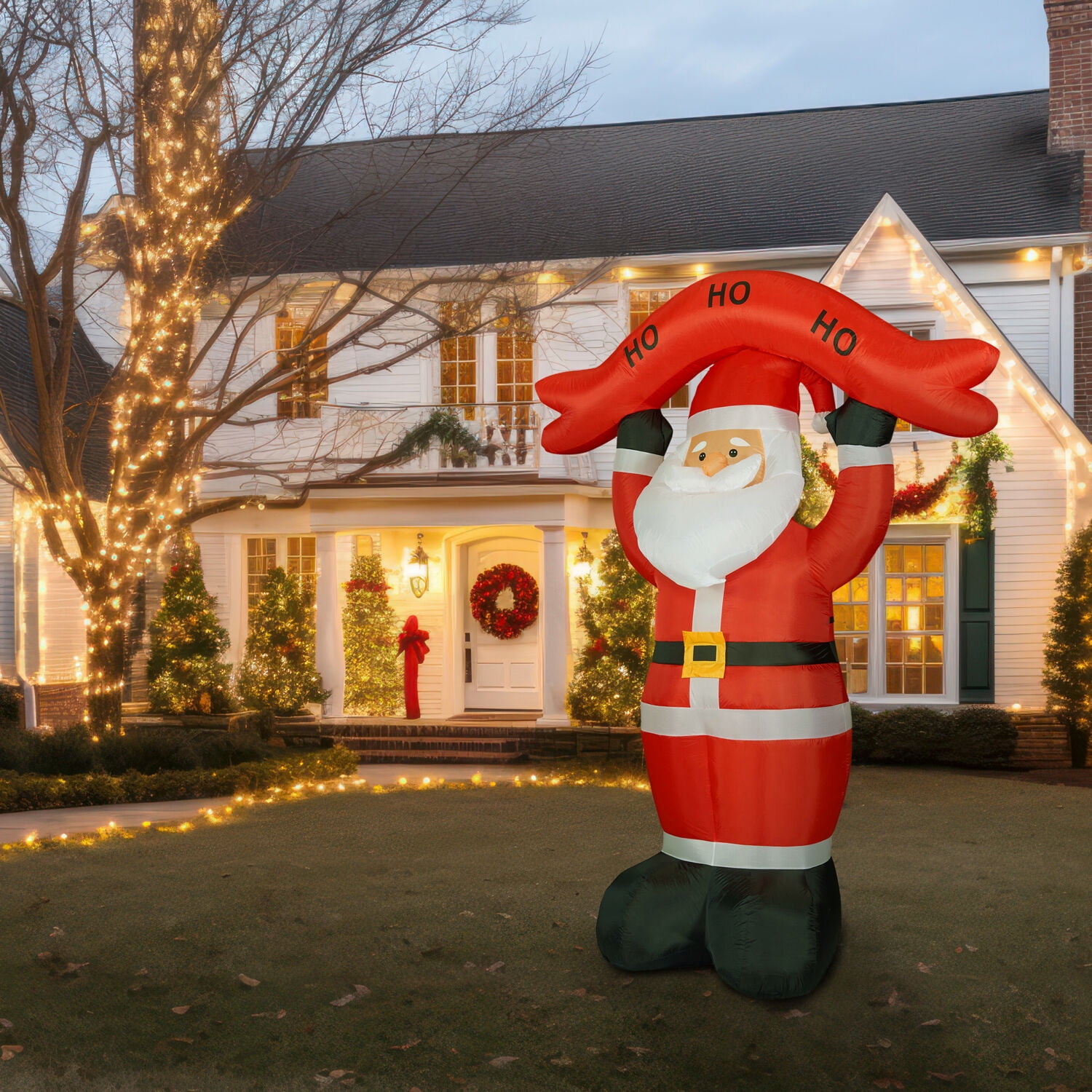 Fraser Hill Farm 10 ft Tall Santa Holding HO HO HO Sign, Outdoor Blow-Up Christmas Inflatable with Lights and Storage Bag, FHFSANTA104-L
