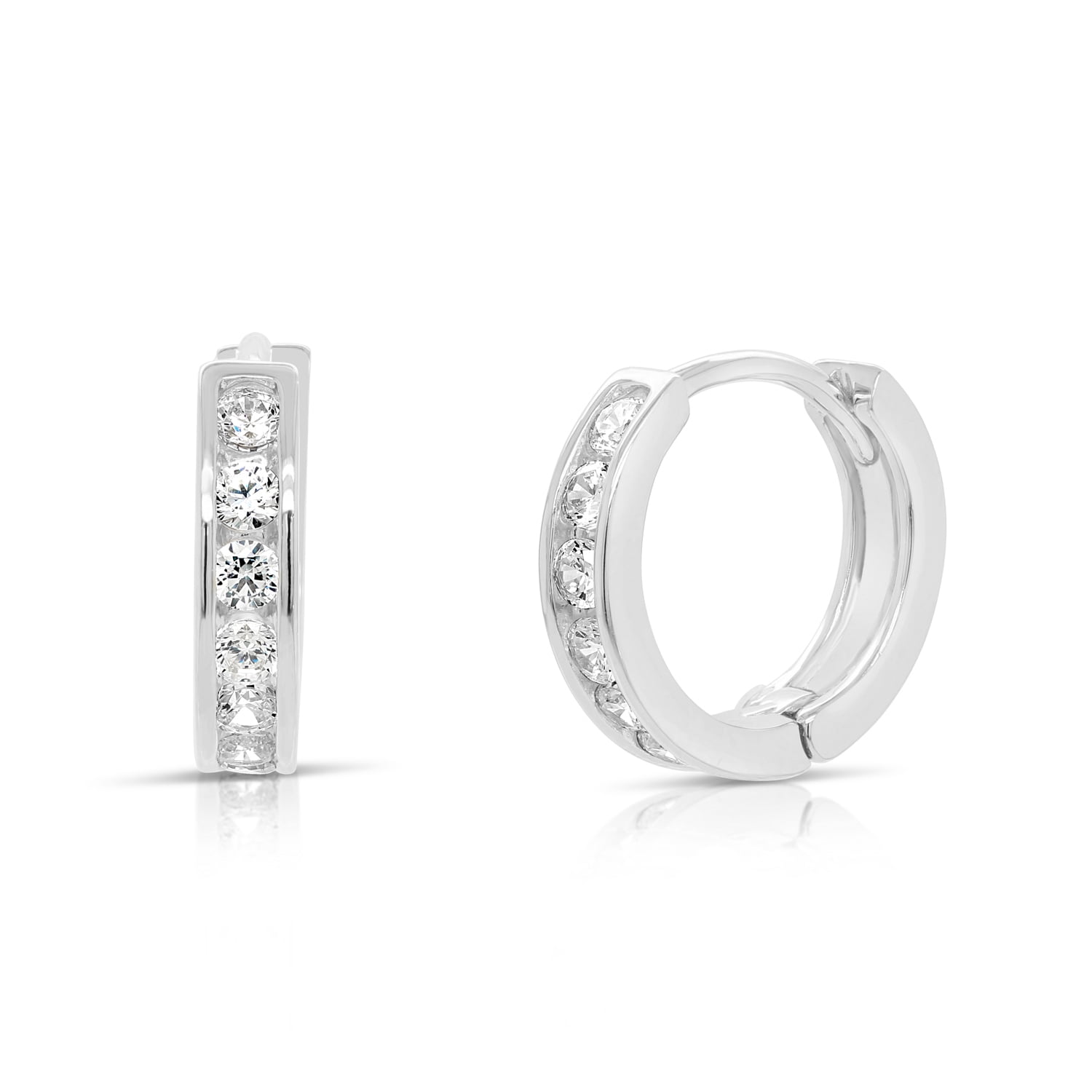 Tilo Jewelry 925 Sterling Silver Huggie Hoop Earrings with Cubic Zirconia CZ Stones | Small 13MM | Classic Everyday Earrings | Women, Men, Unisex