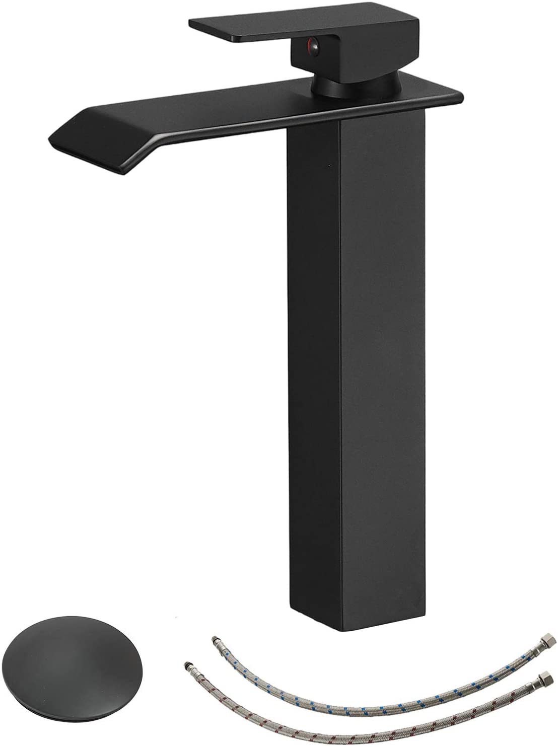 BWE Vessel Sink Faucet with Drain Assembly Without Overflow and Supply Hose Lead-Free Lavatory Waterfall Black Bathroom Faucet Single Handle One Hole Mixer Tap Tall Body Matte - image 1 of 9