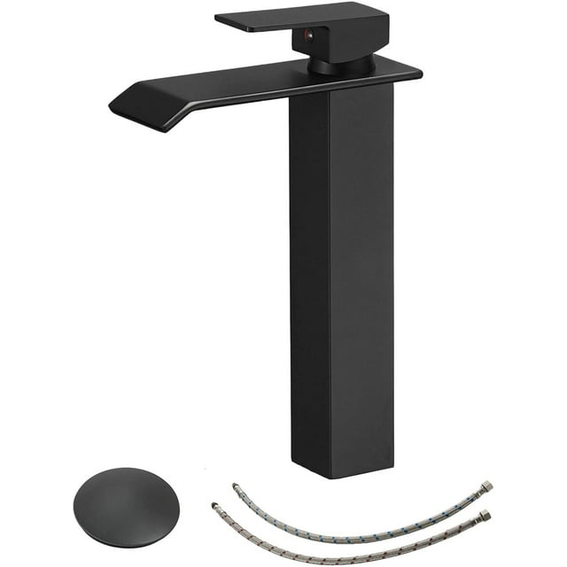 BWE Vessel Sink Faucet with Drain Assembly Without Overflow and Supply Hose Lead-Free Lavatory Waterfall Black Bathroom Faucet Single Handle One Hole Mixer Tap Tall Body Matte