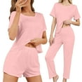 thumbnail image 2 of Bovxnpu Women's Pajama Set Lounge Set, 3 Piece Set Womens Home Casual Pants Short Sleeves Tops And Shorts Pajamas Set Sleepwear Loungewear, 2 of 10