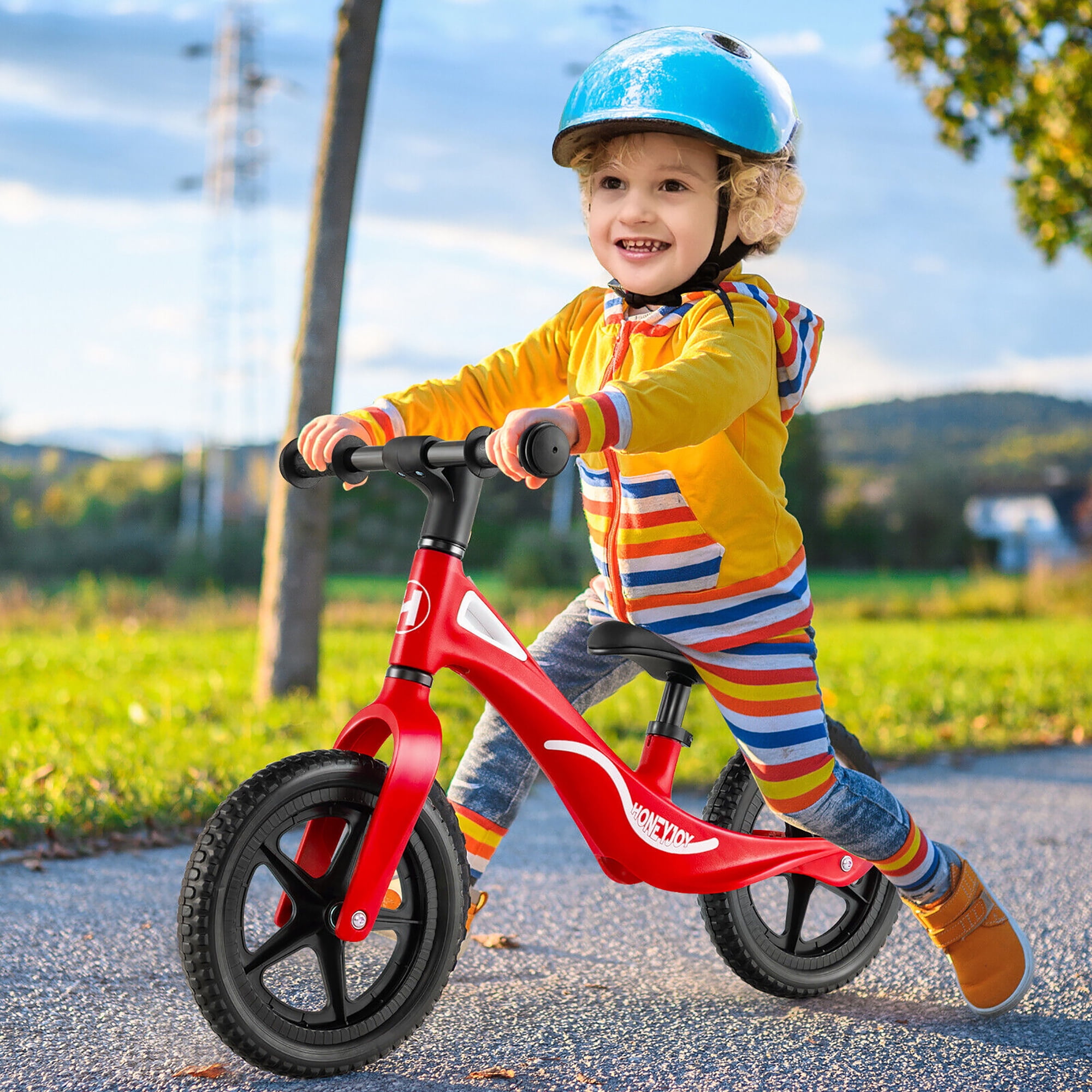 Kids Balance Bike with Rotatable Handlebar and Adjustable Seat Height Red costway