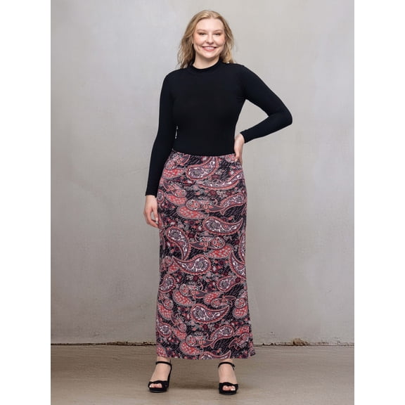 Women's 24Seven Comfort Apparel Paisley Print Fold Over Waist Maxi Skirt Color: Black Multi Size: LARGE