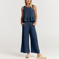 thumbnail image 4 of Conjunto de dos piezas para mujer: top corto sin mangas con volantes y pantalones anchos, cintura elástica, bolsillos, conjunto informal de verano, 4 of 7