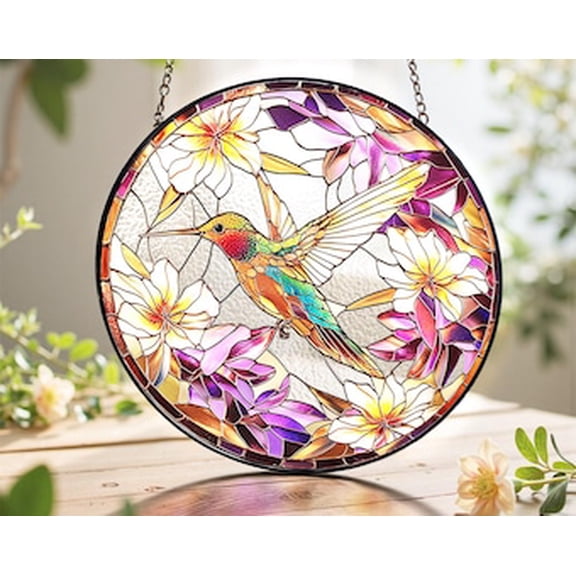 Hummingbird & Fuchsia Glass Suncatcher | Bird - Flower Window Decor, Bird Art Window Hanging, 3.5 in