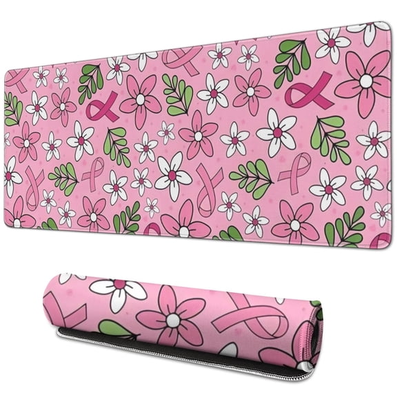 Long Mouse Pads for Desk,Pink Breast Cancer and Pioneer Flower Desk Mats on Top Of Desks, Desk Mouse Pad Extra Large with 3mm Non-Slip Base and Stitched Edge for Gaming,Office,Work,Home 31.5x11.8in