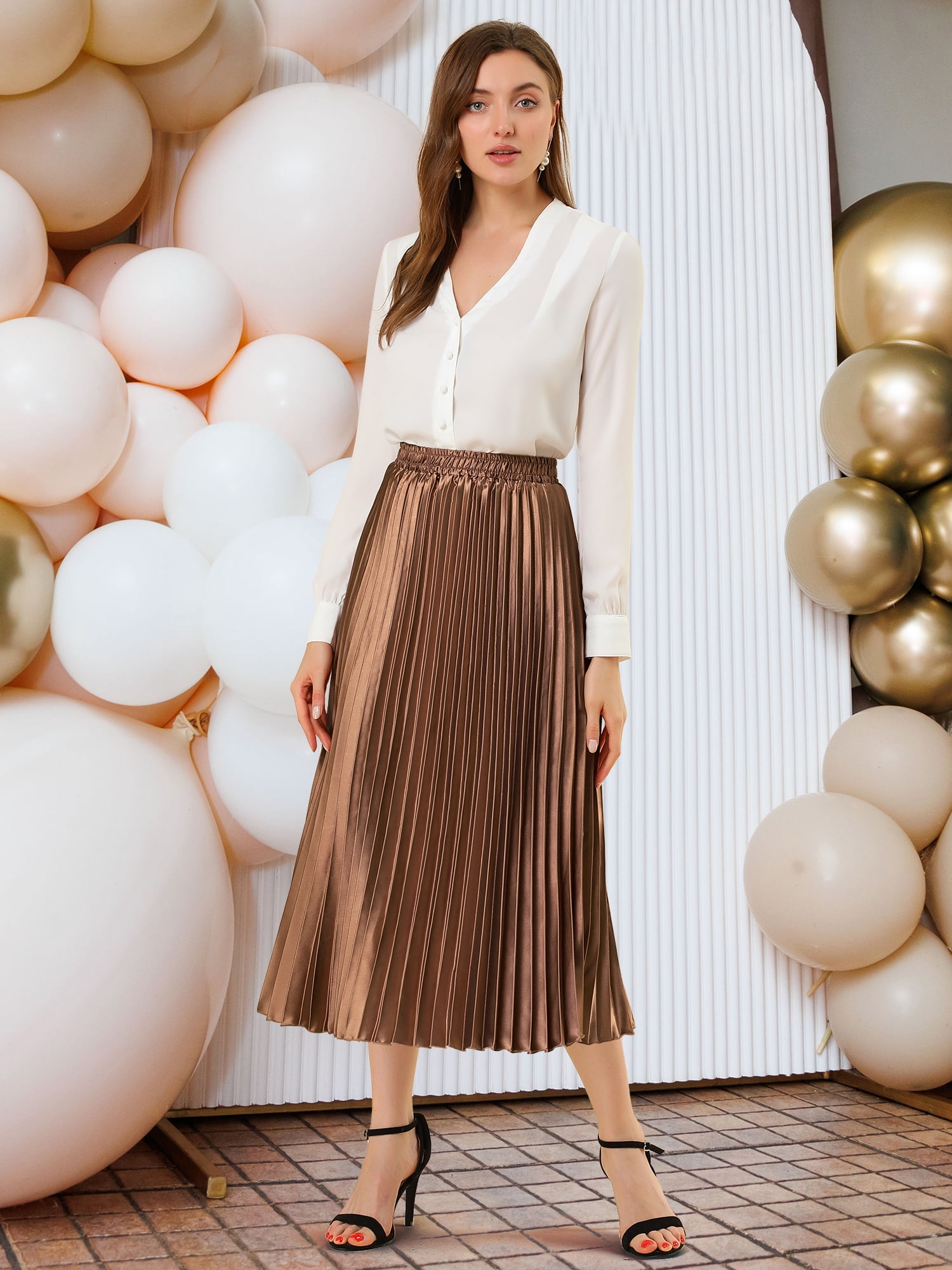 DARING DIVA Women's Midi Length Elastic High Waisted Pleated Skirt 3XL Brown