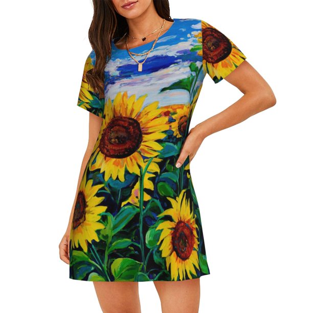 Fotbe Landscape With Sunflowers Bata de Dormir para Mujer con Estampado, Camisón de Algodón de Manga Corta, Ropa de Dormir Casual