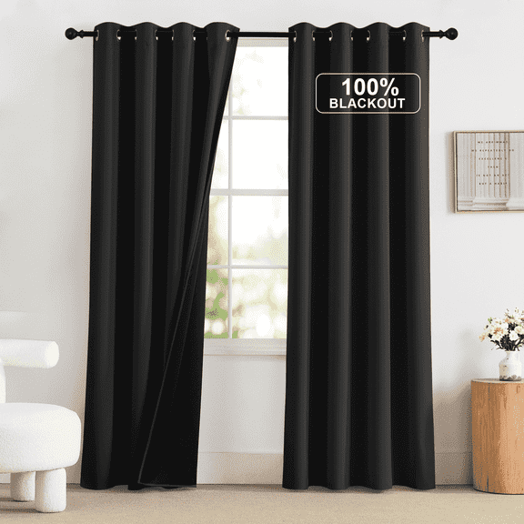 NICETOWN Black Blackout Curtain for Living Room, Full Blackout Curtains Thermal Insulated Noise Reducing Curtains Grommet Privacy Protection Drapes, Black, 52"x84", 2 Panels