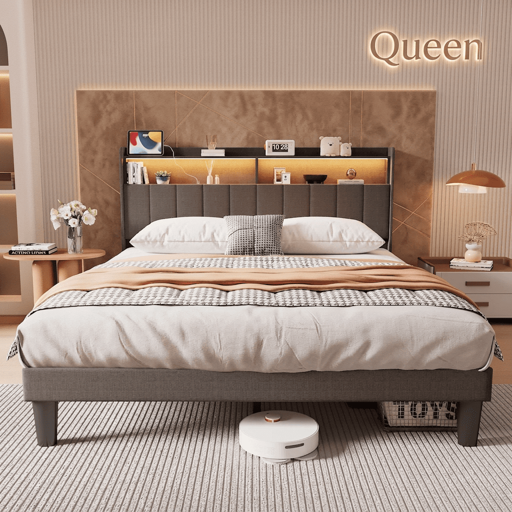 Upholstered Queen Size Platform Bed Frame with LED Lights, Charging Station & 2-Tier Storage Headboard, Wooden Slats Support No Box Spring Required Quiet Design Dark Grey