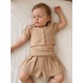 thumbnail image 6 of Cenuakty Toddler Newborn 6M 12M 18M 24M 2T 3T Girl Summer Outfits Solid Color Short Sleeve Buttons Waffle Tops and Pleated Shorts 2Pcs Clothes Set, 6 of 9