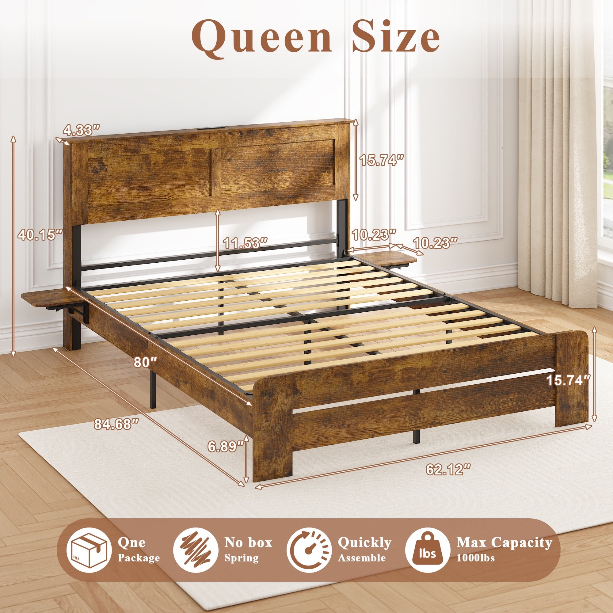 Wood Queen Bed Frame with Headboard for Bedroom, Holaki Rustic Farmhouse Platform Bed with USB Port & 2 Foldable Side Storage Racks, 12 Wood Slats Support, No Box Spring Needed, Easy Assembly