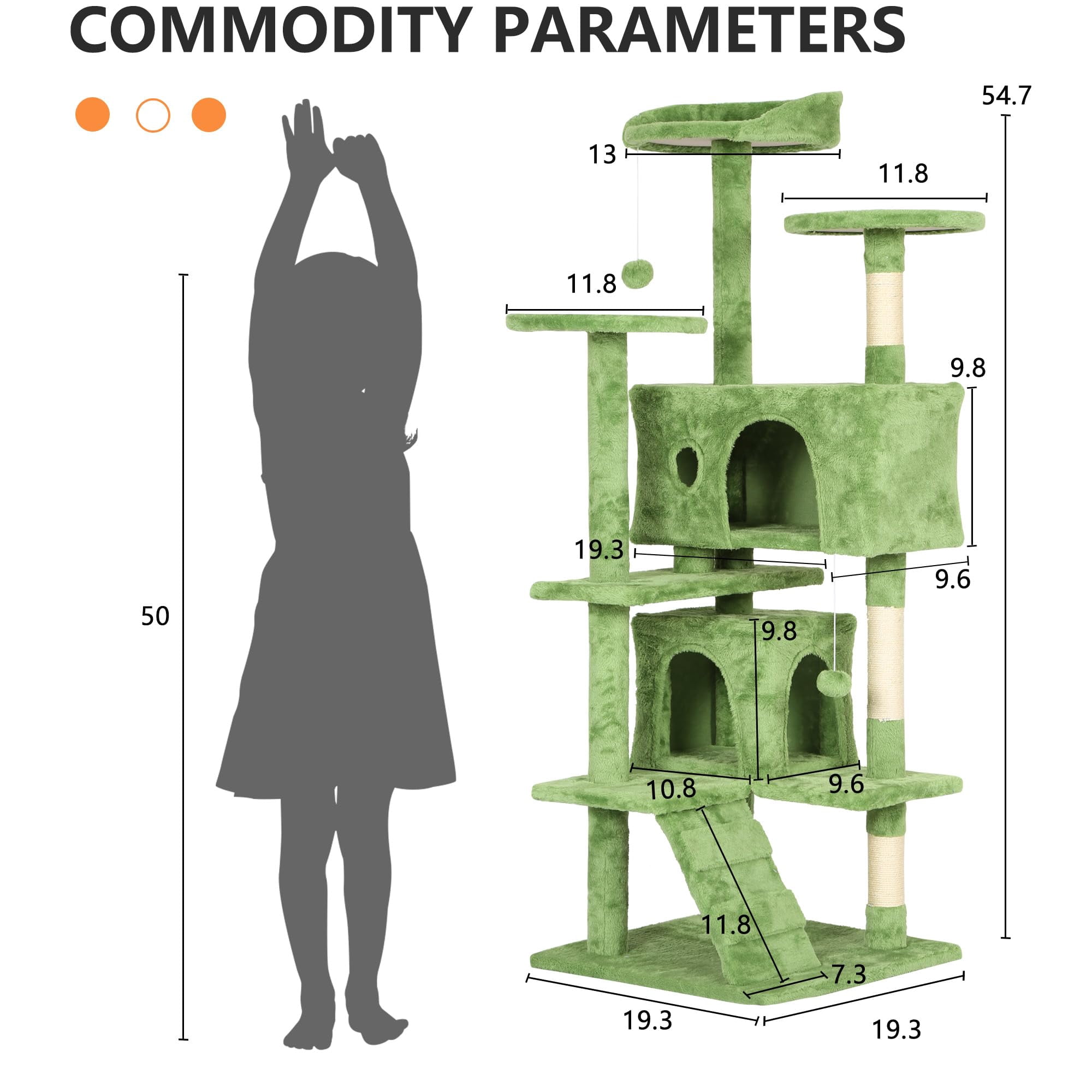 YRLLENSDAN 54 inch Tall Cat Tree Tower for Indoor Cats, Large Cat Tower with Scratching Post, Cat Climbing Tower with Cat Tree House, Sturdy Cat Condo, Green