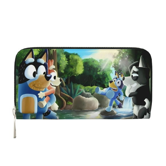 Kowoue Bluey Pattern Genuine Leather Long Wallet Card holder Wallet with Coin Pocket Wristlet Clutch Wallet Purse