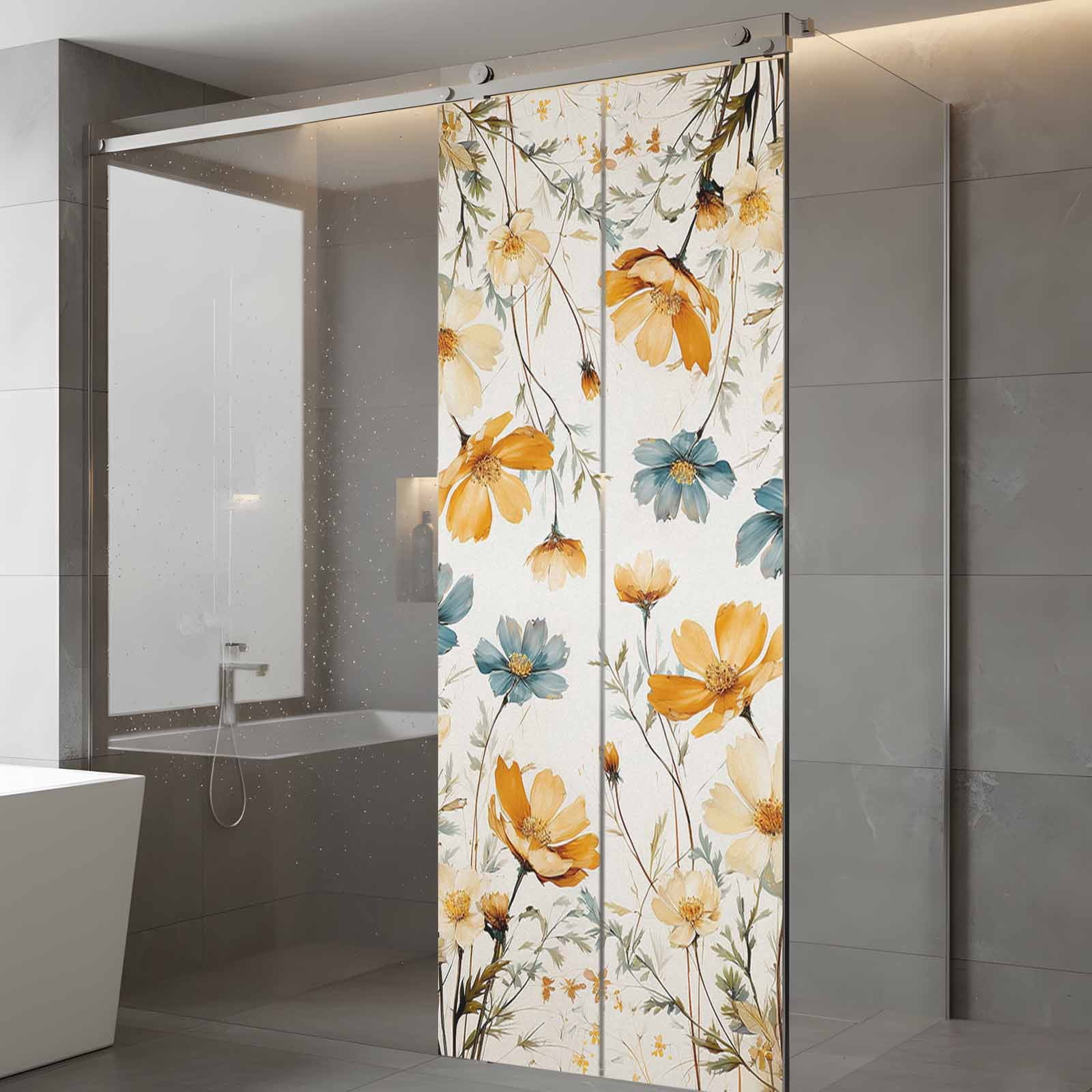 Yellow Blue Spring Floral Window Privacy Film, Watercolor Summer Botanical Static Cling UV Sun Blocking Tint Film Heat Control Windows Films for Bedroom Bathroom, Window Stickers 23.6"x59"