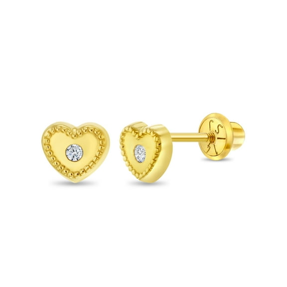 14k Gold Bezel Set Heart Clear Baby / Toddler / Kids Earrings Safety Screw Back