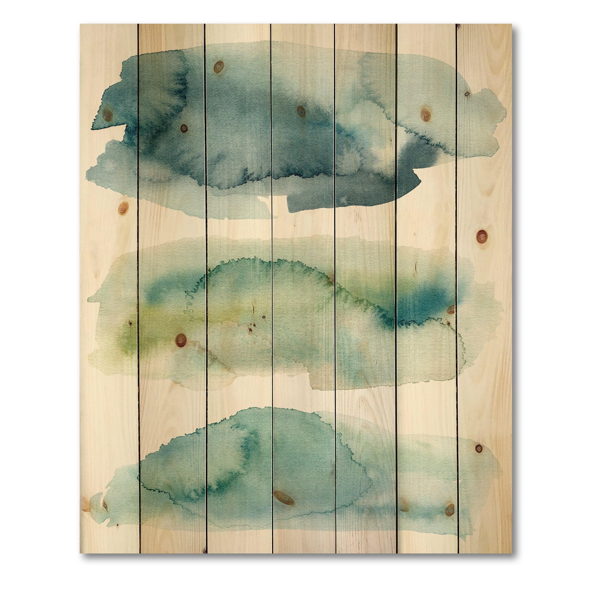 Designart 'Green and Blue Clouds' Modern Print on Natural Pine Wood