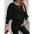 thumbnail image 4 of Women'S 3/4 Sleeve Round Neck Blouses Elastic Waist Hem Smocked Shirts Casual Solid Tops Black XXXL, 4 of 9