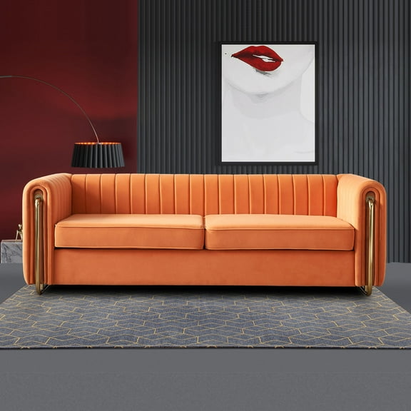 Modern Velvet Sofa for Living Room, 84 Inches Long Upholstered Sofa Couch with High Armrest and Metal Legs Decor Furniture for Living Room