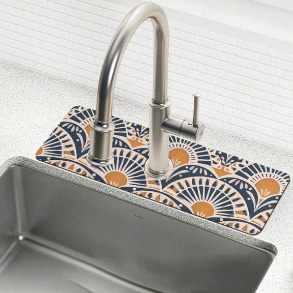 Yayeee Faucet Mat for Kitchen Sink 14.7" Diatomite Long Splash Guard Pad, Orange Art Pattern