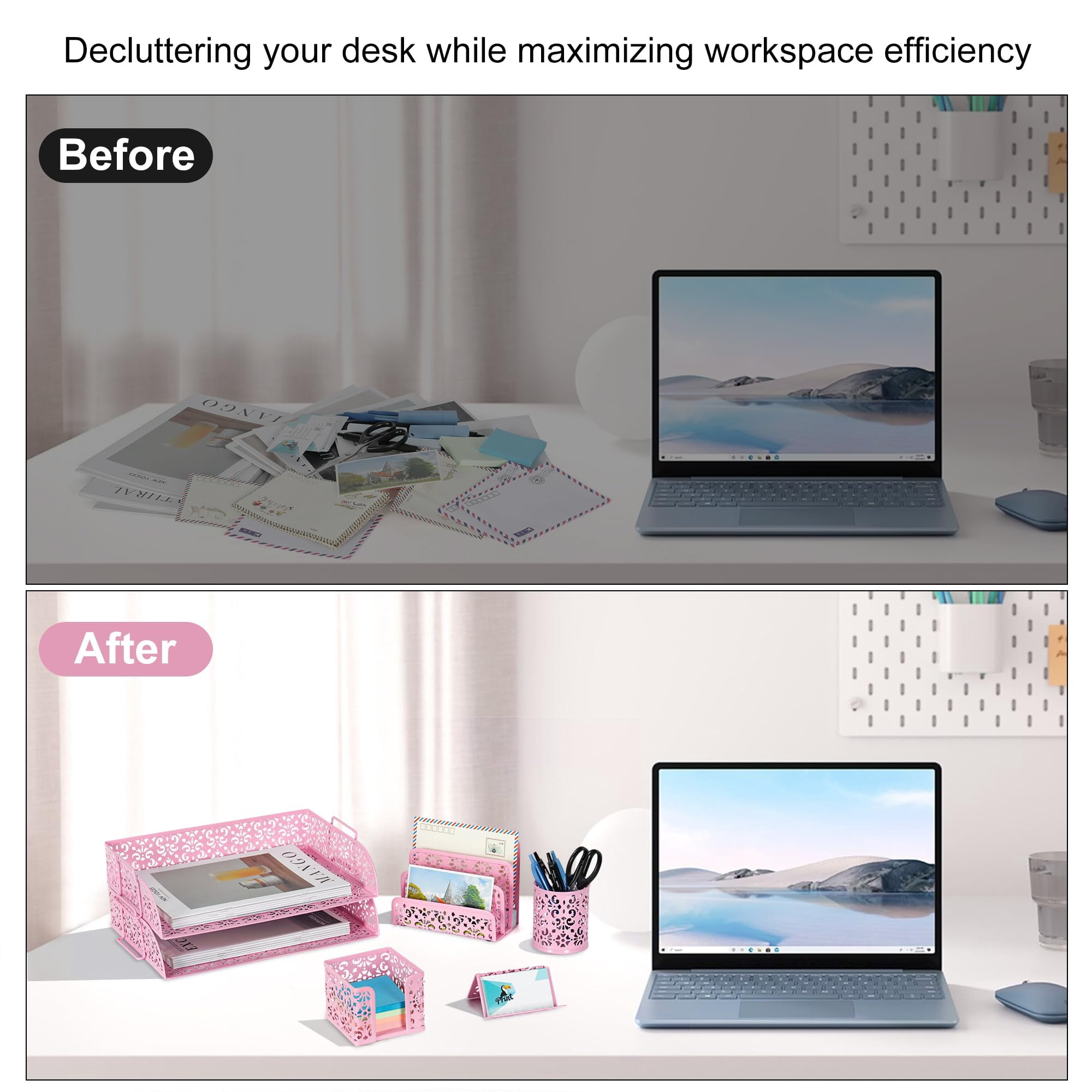 Desk Organizers And Accessories 5 Pieces Office Supplies Set - 2 Tier Paper Tray  Pencil Organizer For Mail Sorter Countertop Business Card Holder Sticky Note Pink