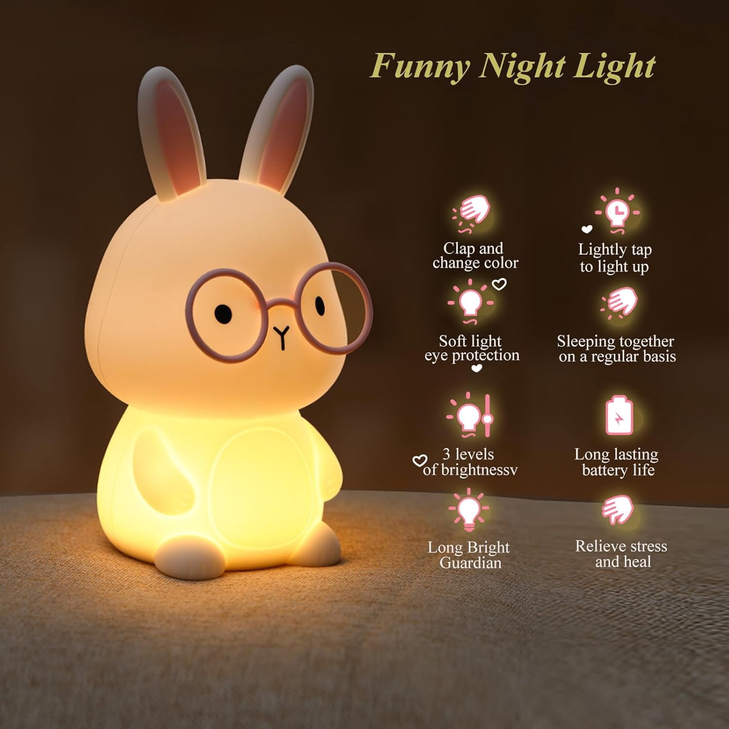 Bunny Night Light for Kids, Cute White-Pink Silicone Rabbit Lamp, 7 Colors RGB & 3-Level Warm Light, 30-Min Timer Rechargeable Touch Night Light, Easter Gifts for Baby Toddlers