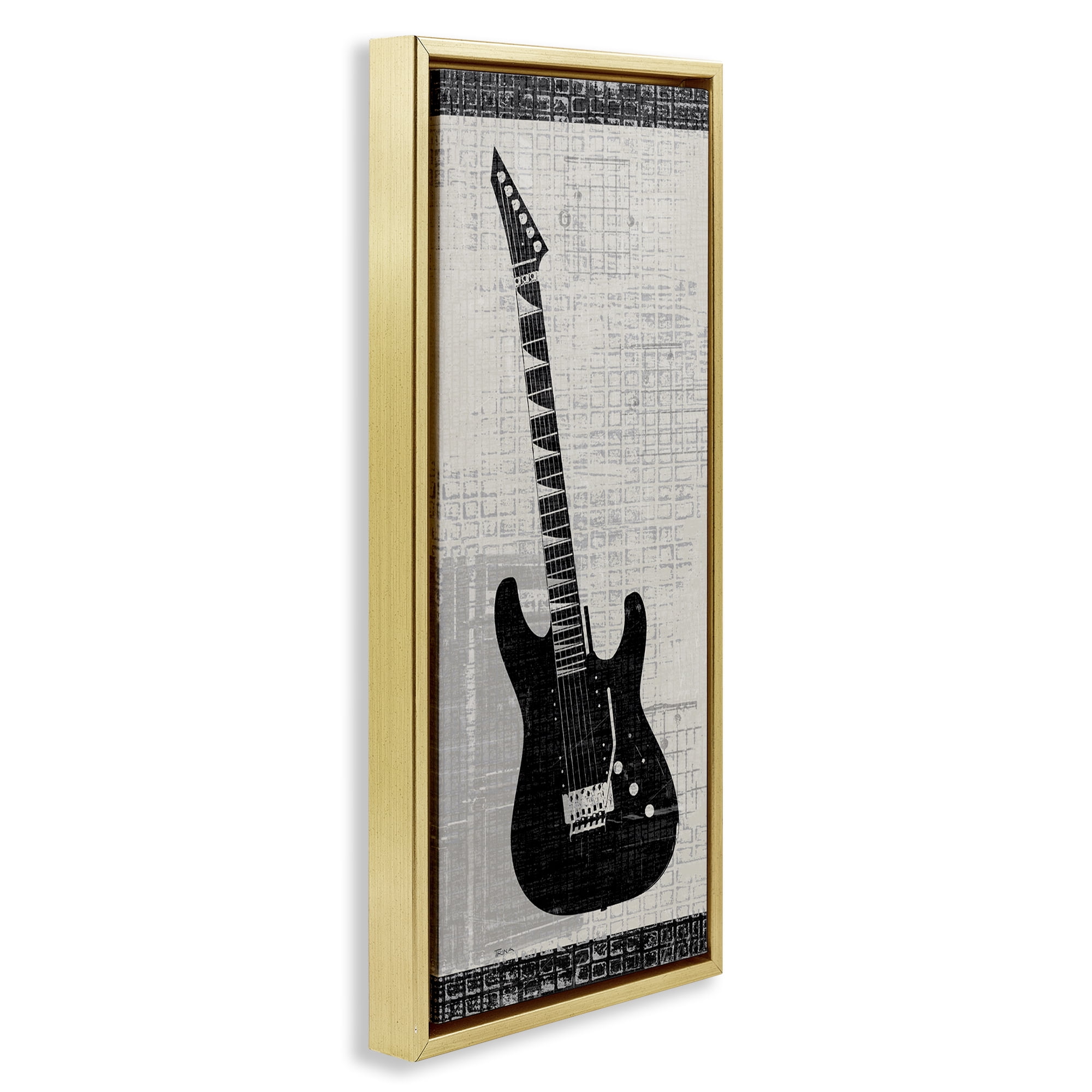 Stupell Industries Patterned Electric Guitar Performing Arts Painting Gold Floater Framed Art Print Wall Art, 15 x 31