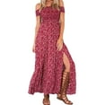 thumbnail image 1 of Women's Boho Off Shoulder Strapless Summer Beach Floral Slit Maxi Dress Red-S, 1 of 5