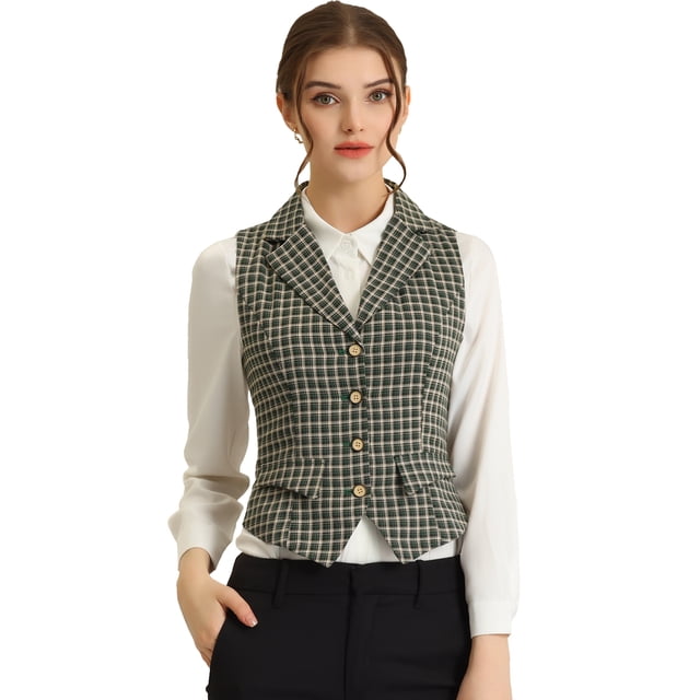 Chaleco a cuadros para mujer, cuello de solapa con muescas, chaleco Vintage de un solo pecho Verde marrón XS