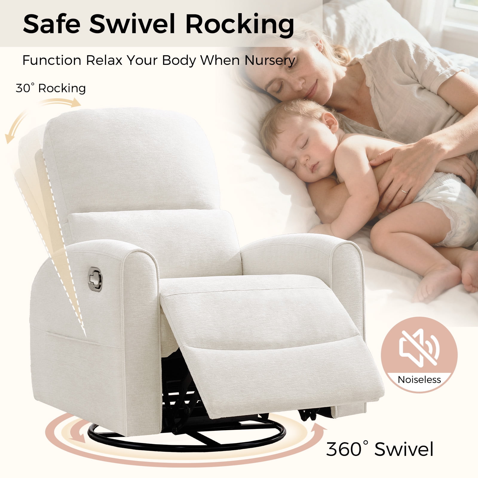 Aemeios Manual Recliner Swivel Chenille Glider Chair with Adjustable Headrest, White