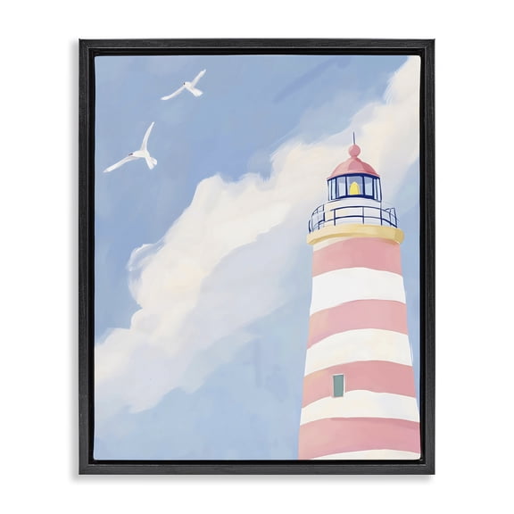 Stupell Industries Coastal Striped Lighthouse with Seagulls Black Floating Frame Canvas Art, 17 x 21, by The Prints Vibe