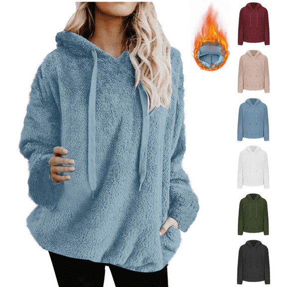 Odbmxy Winter Tops for Women Thick Fuzzy Soft Hooded Long Sleeve Warm Sweatshirts Tops with Pockets