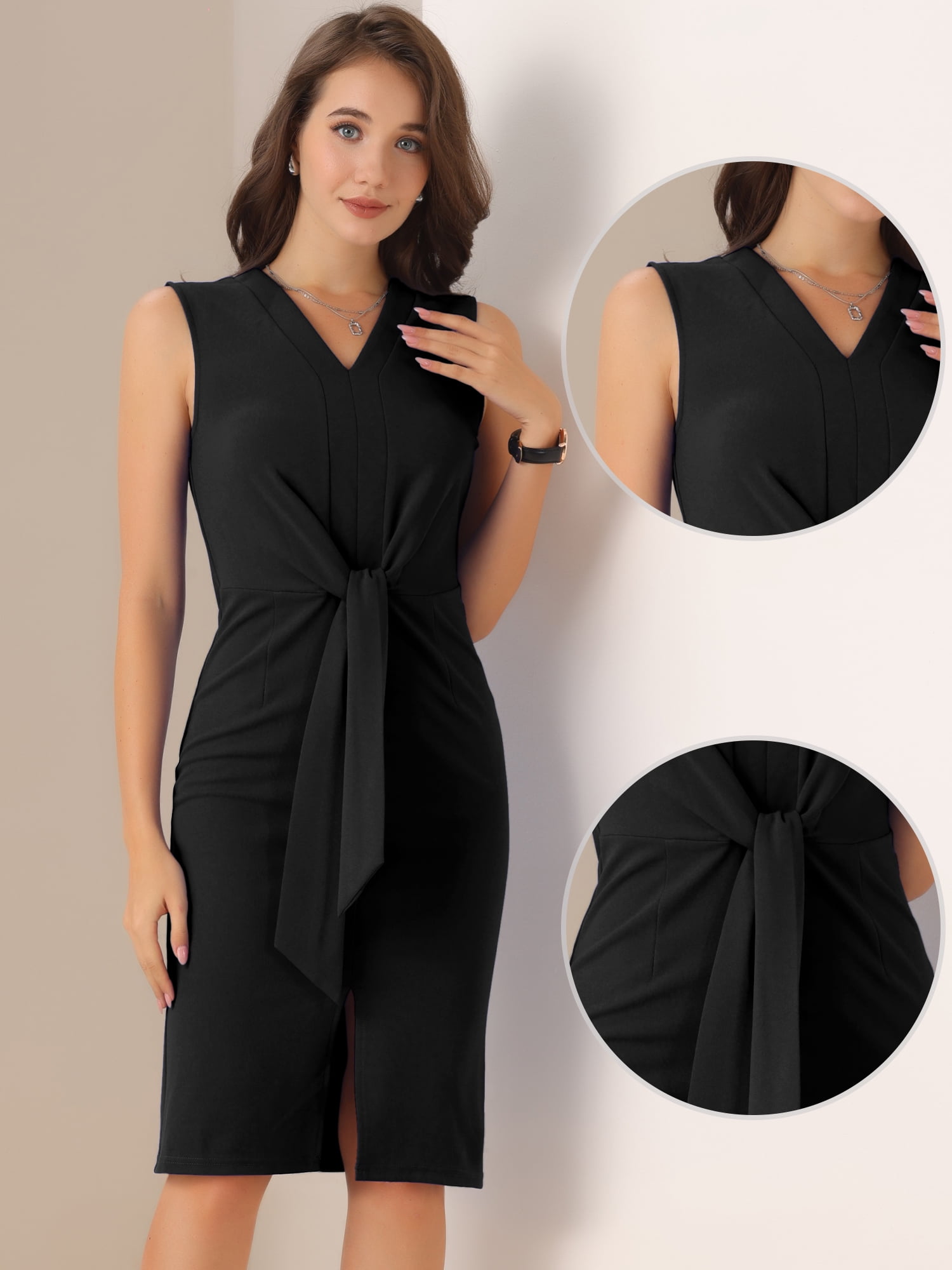 DARING DIVA Pencil V Neck Sleeveless Design Tied Waist Dress S Black