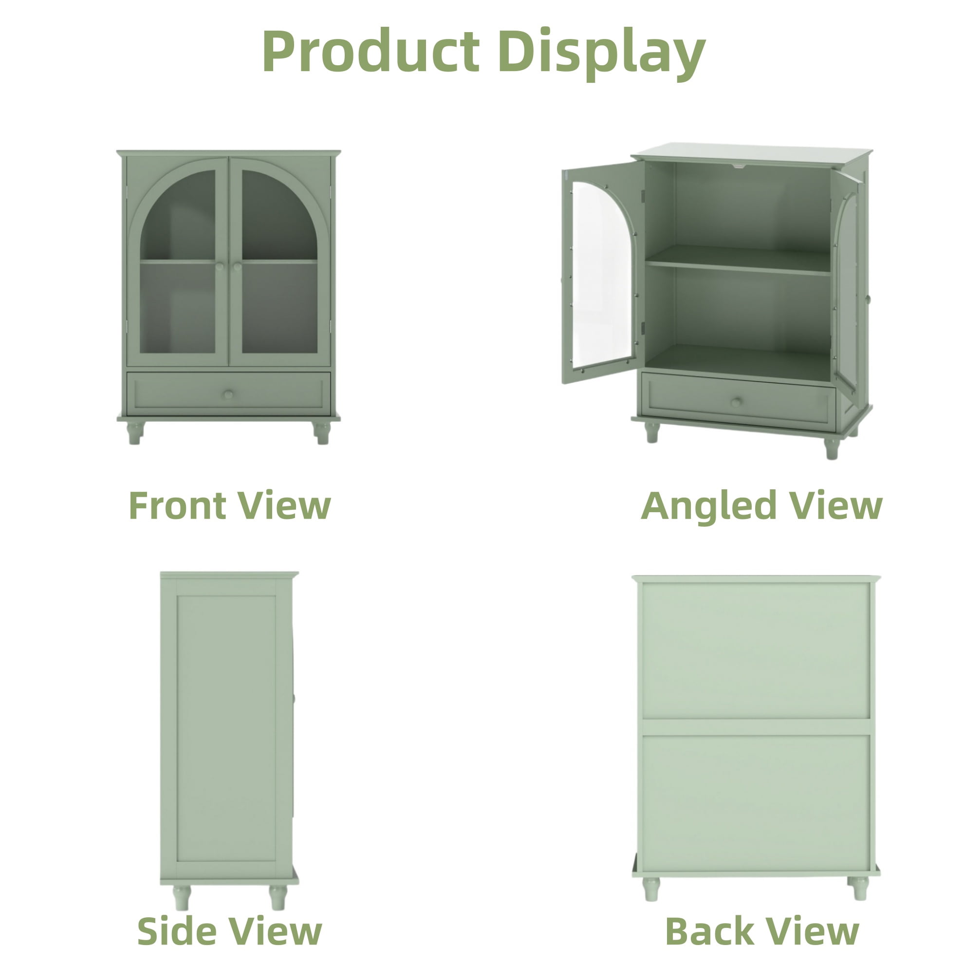 Aukfa Buffet Pantry Cabinet,Arched Glass Door Wood Sideboard Storage Cabinet for Dining Room Hallway Entryway,Green
