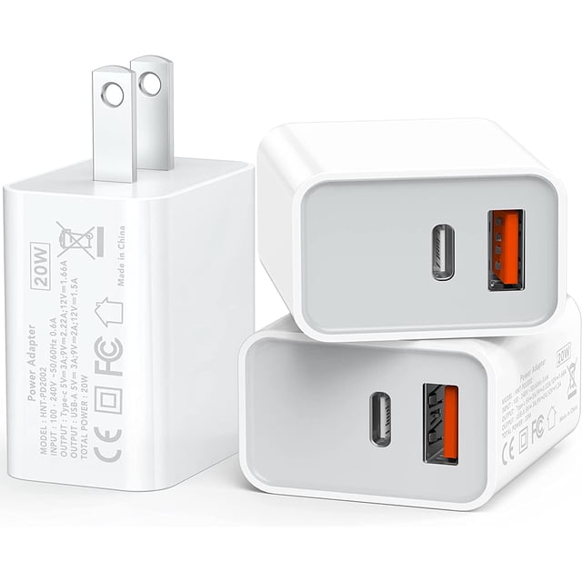 Bloque de cargador de pared USB C de 20 W, paquete de 3 adaptadores de enchufe de bloque de carga rápido tipo C con puerto dual PD para iPhone 13/12/11 /Pro Max, XS/XR/X, iPad Pro, AirPods Pro, Samsun
