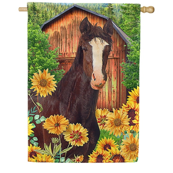America Forever Sunflower Horse Summer House Flag 28 x 40 inches Rustic Country Barn Farm Animal Brown Horse Double Sided Seasonal Yard Outdoor Decorative Yellow Floral House Flag